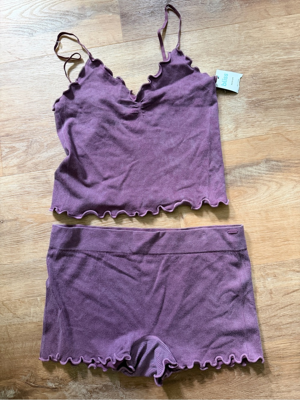 Bliss Purple Ribbed Lace-Trim Cami & Short Sleep Set